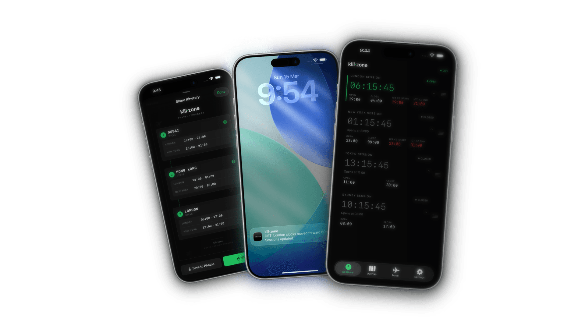 kill·zone app showing live session countdowns